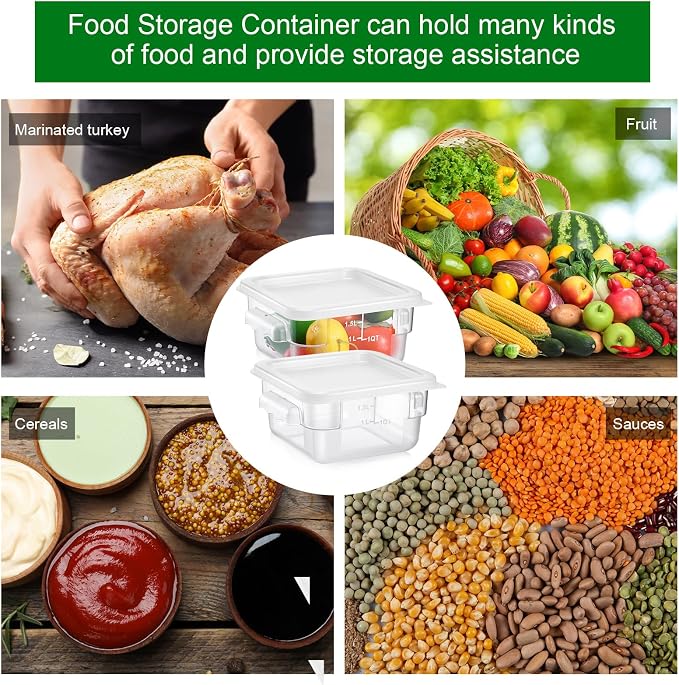 FoldTier 2 Pieces Square Food Storage Containers Polycarbonate Clear food Container with Lid Commercial Storage with Graduations for Commercial Kitchen Dough Marinating Meat(White,2 Qt)