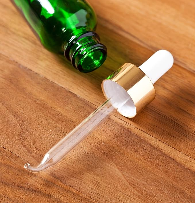 JUVITUS 1 oz / 30 ml Green Glass Boston Round Bottle with Gold Metal Glass Dropper (24 pack) + Funnel I Refillable Empty Storage Containers