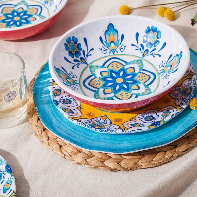 Melamine Dinnerware Set 12 Pcs Durable Dishware Colorful Plate Bowl Set Dishwasher Safe Shatter Proof Chip Resistant Not Microware Not Oven (Multicolor)