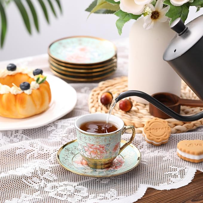6 Pcs 3 oz Mini Vintage Floral Tea Cups and Saucers Set, Green Porcelain Tea Cup Sets Assorted Colors with Gift Box for Cappuccino, Macchiato, Birthday Party Supply