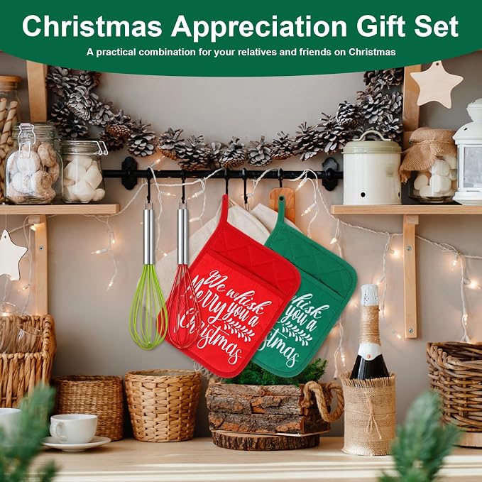 LemonRoad 12 Sets Christmas Whisk Baking Gift Set Xmas Silicone Whisks Oven Mitt Pot Holder Greeting Cards Ribbon Bags for Holiday Kitchen Utensils Cooking Supplies Neighbor Gift(Classic,Red, Green)