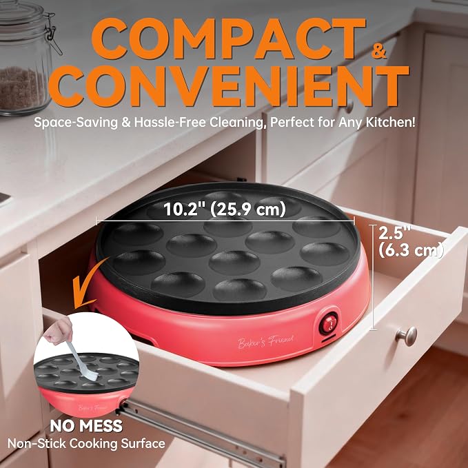 Baker's Friend Mini Pancakes Maker Machine, Dutch Mini Pancake Griddle, 14 Holes Electric Poffertjes Pan, Ideal for Breakfast, Snacks, Desserts & More, Red
