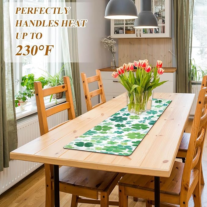 2 in 1 Table Runner Trivet for Hot Pots and Pans Heat Resistant Non Slip Waterproof 39 x 12 Inch Decorative Table Protector for Kitchen Countertop Green Clovers Gradient