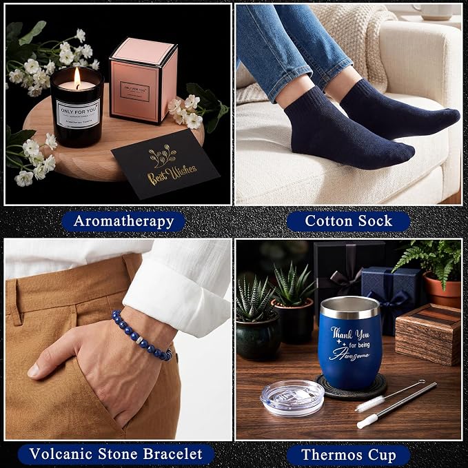 Nuogo 15 Pcs Birthday Gifts for Men Beard Care Set for Him Dad Birthday Gifts Basket Ideas Kit for Men Tumbler Bath Robe for Father's Day Dad Husband Boyfriend Box(Hooded,Navy)