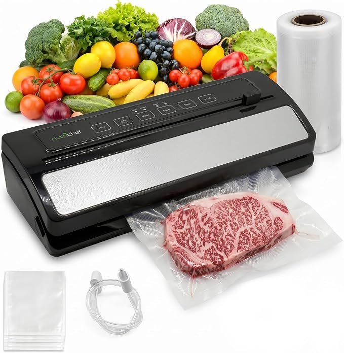 NutriChef Vacuum Sealer for Food - Automatic Electric Air Sealing Preserver System with Gentle and Normal Modes, Roll Cutter, Reusable Bags, Meal Prep Storage, Suitable for Dry/Moist Foods