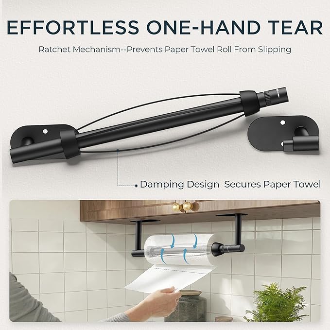 FORIOUS Paper Towel Holder Under Cabinet, One Hand Operable with Ratchet System for Easy Tear, Adhesive or Drill Wall Mount, SUS304 Commercial Paper Towel Holder for Kitchen Bathroom, Matte Black