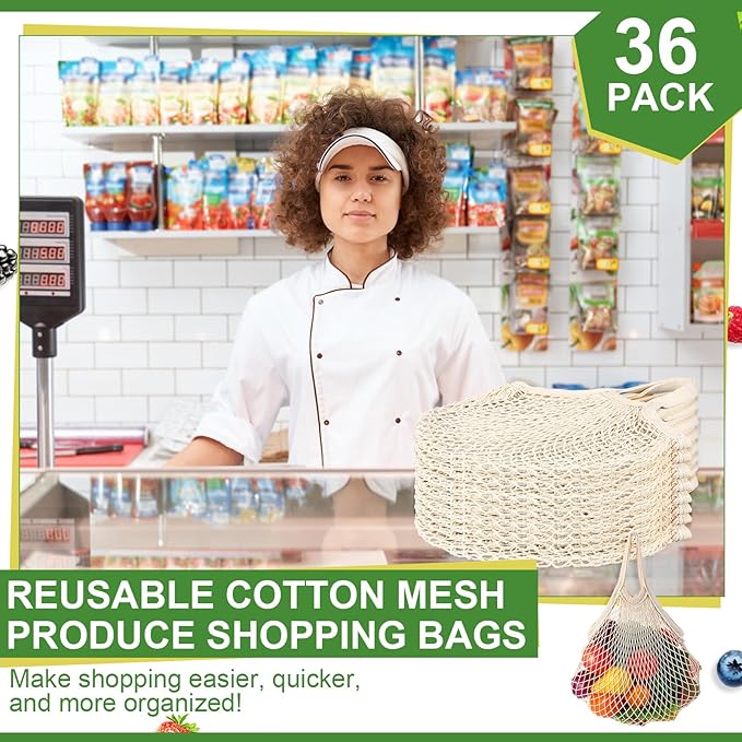Paterr 36 Pack Cotton Mesh Produce Bags Bulk Reusable Market Bag Washable Net Grocery Purse String Shopping Tote Beach Organizer for Vegetable Fruit Picnic Food Storage (Short Handle,Beige)
