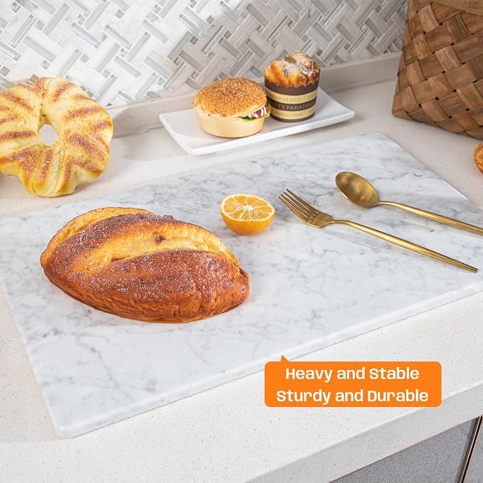 Carrara White Marble Cutting Board for Kitchen, 12x20 Inch Marble Slab Pastry Board With Non-Slip Feet for Baking, Cheese, Charcuterie, Chocolate – Serving Tray Gift