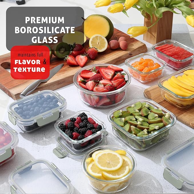 Nestl 48pc Glass Storage Containers with Lids, 24 Glass Food Storage Containers with 24 Airtight Lids for Pantry & Kitchen, Meal Prep Containers for Lunch, Oven Microwave & Dishwasher Safe, Sage Green