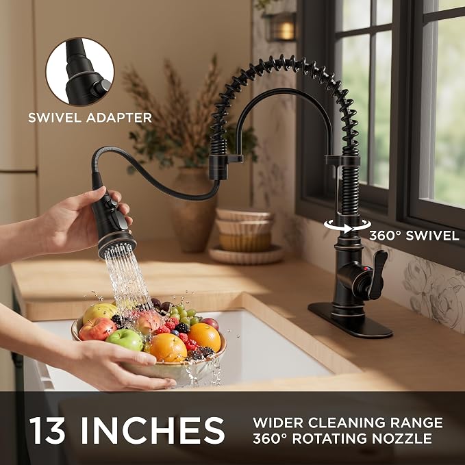 FORIOUS Kitchen Faucet with Pull Down Sprayer, Oil Rubbed Bronze, Stainless Steel Single Handle Spring Antique Kitchen Sink Faucet with Deck Plate, Sutiable for Farmhouse, RV, Camper, Wet Bar