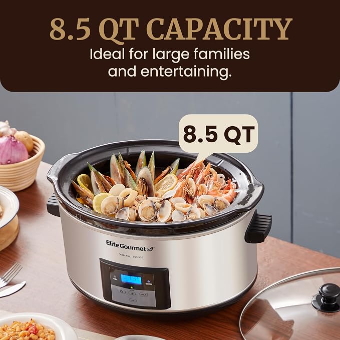 Elite Gourmet Stainless Steel Slow Cooker, Dishwasher-Safe with Tempered Glass Lid, Cool-Touch Handles, Removable Stoneware Pot, 8.5 Quart,MST-900V