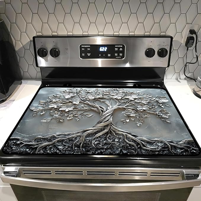 Glass stove top cover 28"x 20", Stove Top Covers for Electric Stove, Flat Range Mat for Glass Cooktop, Kitchen Heat-Resistant Protector Non-Slip Drying Mat (Silver Tree of Life)