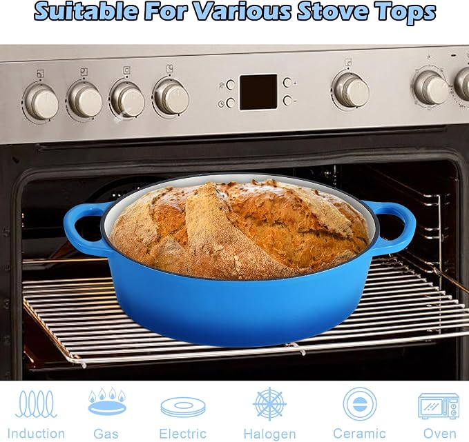 TeamFar 7QT Oval Dutch Oven, Enameled Cast Iron Dutch Oven Pot with Lid, For Bread Baking/Stewing/Braising/Frying, Suitable for Various Stoves, Non-stick & Easy Clean, Blue