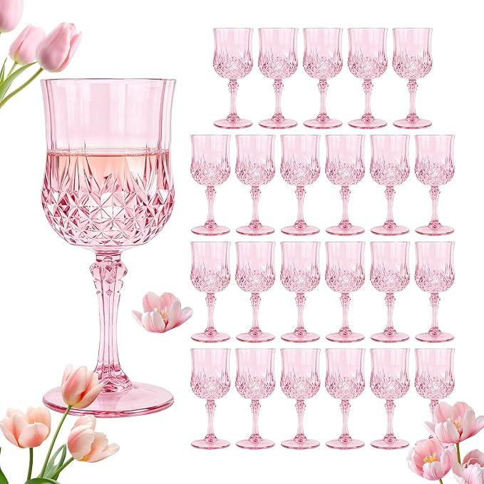 Plastic Wine Glasses, Plastic Goblets Vintage Style Cordial Unbreakable Drinking Glasses,Reusable Drinkware for Wedding Reception, Grand Event Party Supplies (24, Pink)
