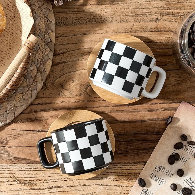 LUKA Ceramic Stackable Black and White Checkered Espresso Cups with Saucers and Metal Stand, 4 Ounce Small Demitasse Cups Set for Coffee Drinks, Latte, Tea - Set of 4