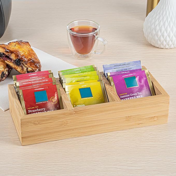 Restaurantware-9.5 x 4.25 x 2 Inch Coffee Condiment Organizer, 1 Rectangle Creamer Organizer - 3 Compartments, Break-Resistant, Bamboo Coffee Accessory Caddy, Won't Chip, For Tea And Sugar Packets