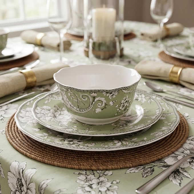 222 Fifth Adelaide Sage 12-Piece Green Porcelain Dinnerware Set – Service for 4, Big Dinner Plates and Bowls Sets, Green with White Floral Pattern, for Daily Entertainment, Microwave & Dishwasher Safe