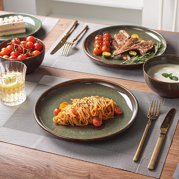 Pokini Stoneware Dinnerware Sets Service for 4, 12 pcs Reactive Glaze Plates and Bowls Sets, Handmade Ceramic Dish Set, Highly Chip and Crack Resistant Modern Plate Set, Brown Green