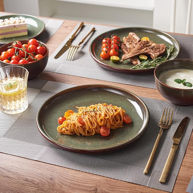 Pokini 24 Piece Dinnerware Sets for 8, Modern Stoneware Plates and Bowls Setst, Perfect for Family Gatherings & Holiday Celebrations, Easy Cleaning Dishes Set, Stack Compactly Dishware, Brown Green