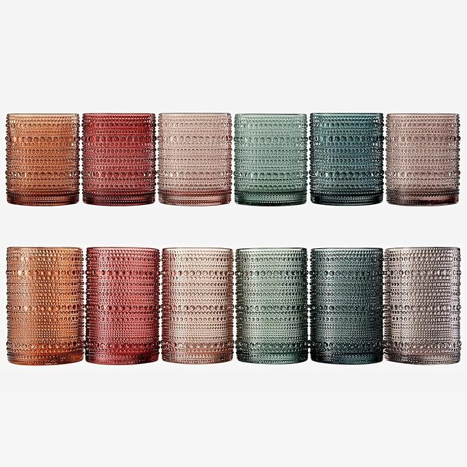 Khen Hobnail Beaded Highball Drinking Tumbler Glasses | Set of 12 | Color, Vintage Bubble Design Whiskey Glassware, Old-Fashioned, Embossed Design for Water, Wine, Cocktail Embossed, Rocks Glass