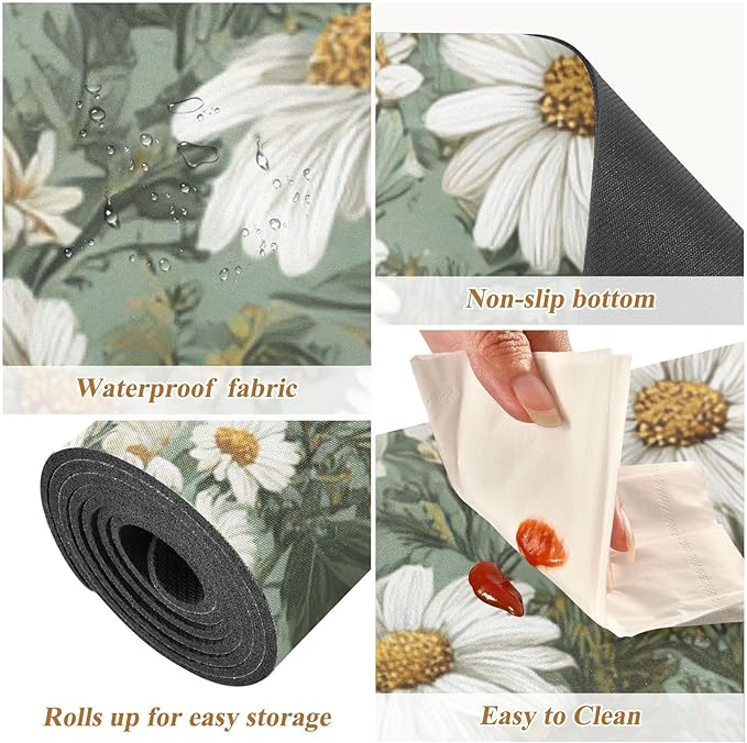 2 in 1 Table Runner Trivet for Hot Pots and Pans Heat Resistant Non Slip Waterproof 39 x 12 Inch Decorative Table Protector for Kitchen Countertop Summer Daisy Butterfly Green