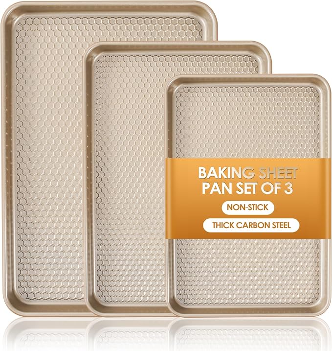 Baking Sheet Pan Set of 3, Nonstick Carbon Steel Cookie Sheets with Texture | Commercial Half/Quarter/Jelly Roll Pans Replacement Toaster Oven Tray, Heavy Duty & Easy Clean