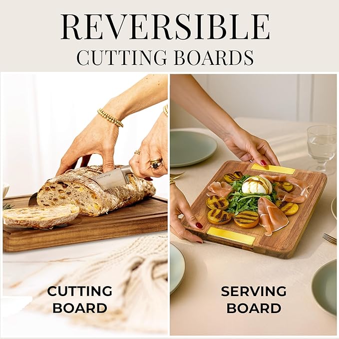 Acacia Wood Cutting Board Set with Holder – 4 Piece Wooden Cutting Board Set with Stand – Reversible Charcuterie Tray with Juice Grooves and Gold Handles – Stylish Kitchen Gift