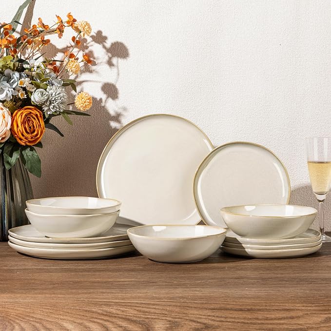 GBHOME Stoneware Dinnerware Sets for 4, 12 Pieces Rustic Earthenware Plates and Bowls Set, Handmade Reactive Glaze Ceramic Plate Sets, Chip Resistant Dishes, Microwave & Dishwasher Safe, Vanilla Cream