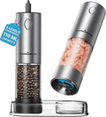 ThermoMaven Upgraded Larger Capacity Electric Salt and Pepper Grinder Set, 110ml Rechargeable Salt and Pepper Shaker with LED Light, 6 Adjustable Coarseness, Stainless Steel, Black & Silver