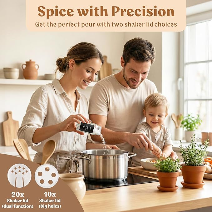EDELHAUS Square Glass Spice Jars (24 x 4oz) with Black Lids + Magnetic Spice Rack for Refrigerator (Fits 12 Jars) + Bonus Slim Auxiliary Rack, 240 Labels, Shaker Inserts, Funnel