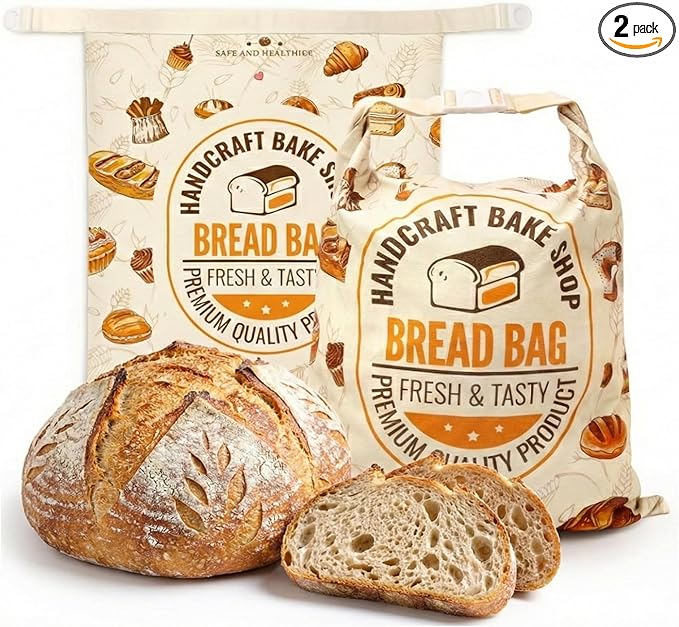 FWOAFTER 2 Pack Beeswax Bread Bags for Homemade Sourdough (13"x17") - Double Layer Cotton Lined Reusable Keeper - Breathable Buckle Closure for Artisan Loaves, Baguettes & Pastries