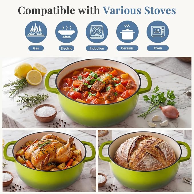 DUMOS Cast Iron Dutch Oven, 6 Quart Pot with Lid, Enameled Heavy Duty Cookware, Oven Safe to 500°F, Perfect for Bread Baking, Stews and Roasting, Moisture Sealing Lid with Dual Handles, Green