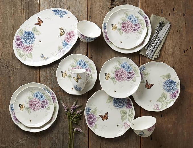 Lenox Dinnerware Set, Butterfly Meadow Hydrangea 12-Piece Set, Service For 4, Made From Ceramic Porcelain, Dishwasher And Microwave Safe, Plates And Bowls Sets, Home & Kitchen (Assorted, 12 Piece)