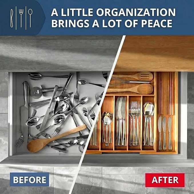Expandable Bamboo Drawer Organizer Tray for Kitchen Utensils, Adjustable Cutlery Organizer with 7-9 Compartments, 13" to 20" Wide Wood Drawer Divider for Home