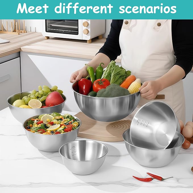 Stainless Steel Mixing Bowls Set of 3, 1.5/2.5/4 Qt Metal Mixing Bowl Set for Baking, Salad, Cooking & Meal Prep, Nesting Stainless Steel Bowls with Measurement Marks, Dishwasher Safe