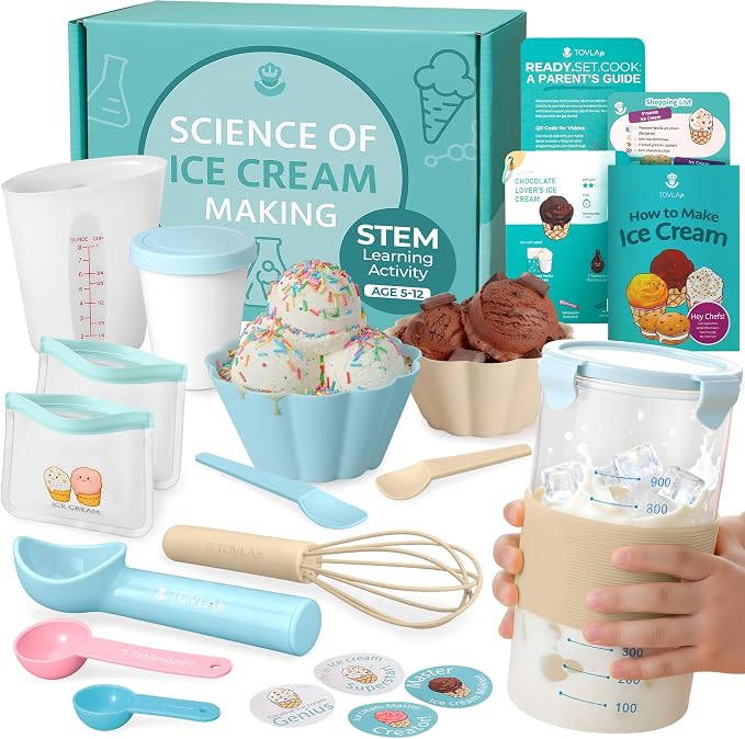 Tovla Jr. Kids Ice Cream Science Maker Kit | Real Reusable | Ages 5-12 | Learning Activity & Gift Set | Includes Visual Recipes, Scoop, Bowls & Shaker
