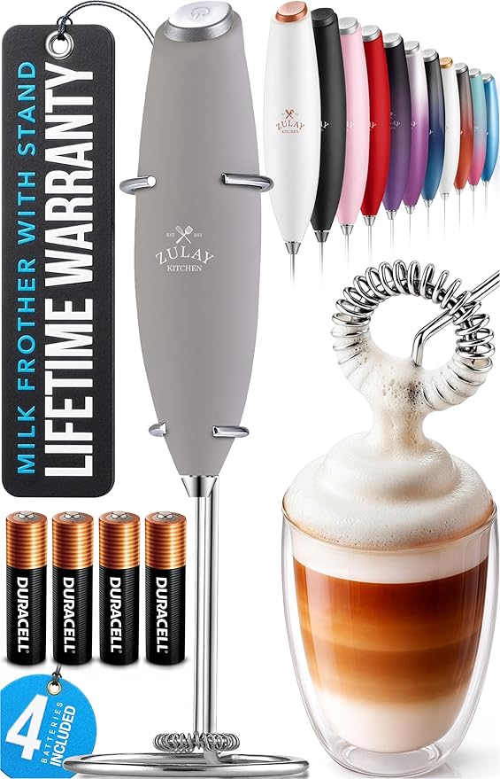 Zulay Kitchen Powerful Milk Frother Wand With 4 AA Duracell Batteries - Ultra Fast Handheld Drink Mixer - Electric Whisk Foam Maker for Coffee, Lattes, Cappuccino, Matcha & Creamer - Light Gray