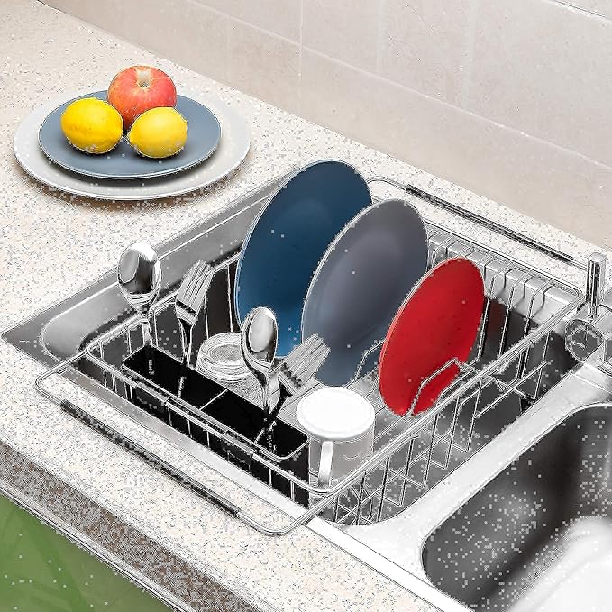 iPEGTOP Expandable Dish Drying Rack, Over The Sink Dish Rack, in Sink Or On Counter Dish Drainer with Black Utensil Holder Cutlery Tray, Rustproof Stainless Steel for Kitchen