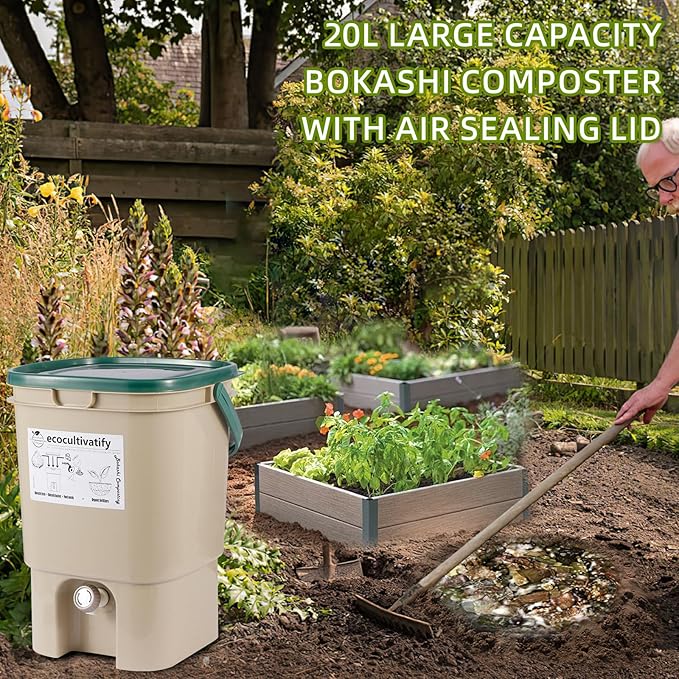 20L Bokashi Compost Bin, 5.28 Gallon Compost Bin for Kitchen Composter with Lid, Bokashi Start Kit with Bran (Tan & Dark Green) (20L/5.28GAL Tan & Dark Green)