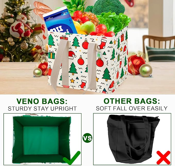 VENO 3 Pack Reusable Grocery Bags, Shopping Bags for Groceries, Tote with Handles and Hard Bottom, Foldable Shopping Cart Organizer, Water Resistant, Heavy-Duty (Jingle Mix, 6 Gallon)