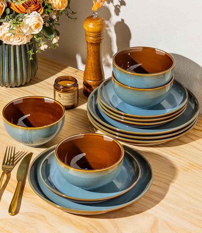 LERATIO Stoneware Dinnerware Sets for 4, 12 Pieces Ceramic Plates and Bowls Sets, Scratch Resistant Dish Set, Oven, Microwave & Dishwasher Safe-Ocean Blue