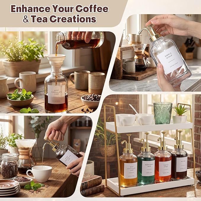 Leinuosen Coffee Bar Accessories, 2 Tier Wooden Cup Organizer Station and 4 Coffee Syrup Dispenser, 16.9 oz 500ml Glass Syrup Dispenser with 36 Labels and 1 Silicone Funnel(Gold)