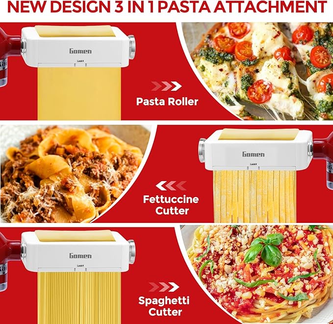 3-in-1 Pasta Attachment for Kitchenaid Stand Mixer, Pasta Roller & Cutter Set with Spaghetti & Fettuccine Cutters, Quick Install Pasta Maker Accessories for Home Chefs & Foodie Gifts
