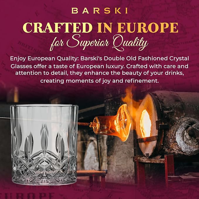 Barski Whiskey Glasses - Double Old Fashioned Rocks Glass - Set of 4 Lowball Tumbler - DOF Crystal Glass Tumblers - For Scotch - Bourbon - Water - Beverage - Drinking Glasses - 10.5 oz, Made in Europe