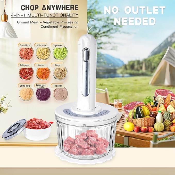 Glass Food Processor Small, USB Charging Wireless Electric Meat Grinder with 4 Blades & 4 Bowls (1x8 Cup+3x0.5 Cup), Mini Chopper Food Processor for Home Use, Onion, Garlic, Ginger, Baby Food