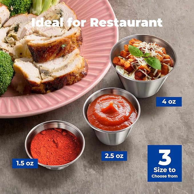 Fit Meal Prep [12 Pack] 1.5 oz Stainless Steel Dipping Sauce Cups, Reusable Metal Ramekins, Commercial Grade Condiment Bowls, Individual Portion Cups, Small Round Au Jus for Home, Restaurant