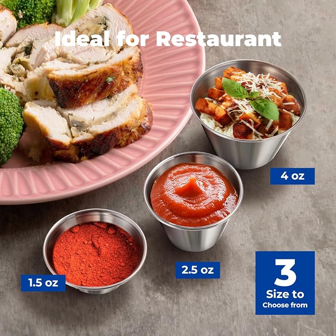 Fit Meal Prep [24 Pack 2.5 oz Stainless Steel Dipping Sauce Cups, Reusable Metal Ramekins, Commercial Grade Condiment Bowls, Individual Portion Cups, Small Round Au Jus Cup for Home, Restaurant