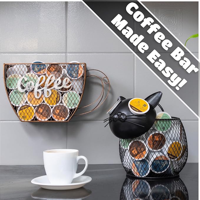 Made Easy Kit Coffee Pod Organizer - Home Coffee Bar Functional Décor - Café Station Countertop Storage Accessories (Cat)