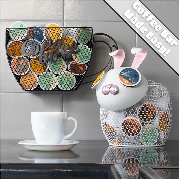 Made Easy Kit Coffee Pod Basket Organizer Useful Decor - Compatible with Keurig K-Cup Pods - Home Coffee Bar Functional Decoration - Café Station Countertop Freestanding Storage Accessory (WHT Bunny)