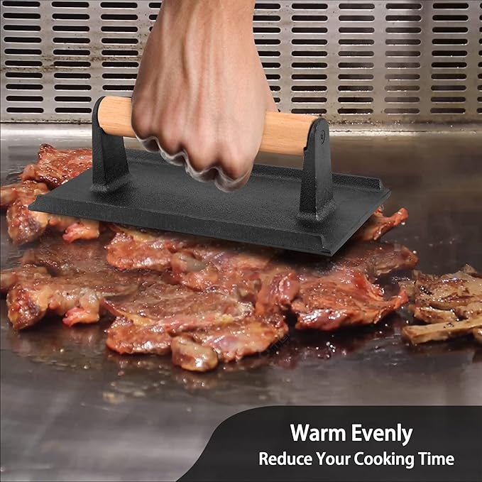 Leonyo 3Pcs Cast Iron Grill Press, Heavy Duty Bacon Press with Wood Handle, Pre-Seasoned Burger Smasher for Griddle Cooking, Meat, Burger, Bacon, Steak, Panini, Sandwich, Rectangle (8.2"X4.3")